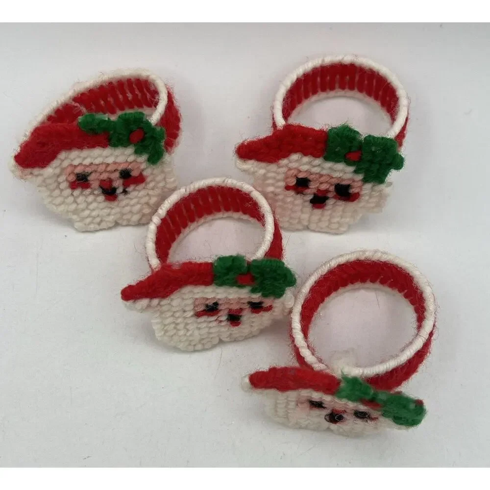 Set 4 Vtg Christmas Needlepoint Santa Claus Napkin Rings Cottagecore Kitsch